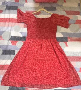 Red Floral Smocked Puff Sleeve Dress