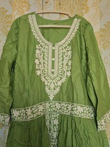 Green Kurta with White Embroidery
