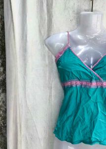 Turquoise Cami Top with Pink Lace Trim