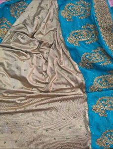Exquisite Golden &amp; Blue Embroidered Saree