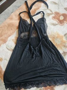 Elegant Black Lace Trim Nightgown