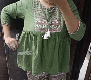 Boho Embroidered Green Tunic Top