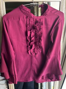 Chic Ruffled Berry Blouse with Bell Sleeves