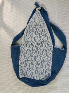 Denim Shoulder Bag with Lace Accent