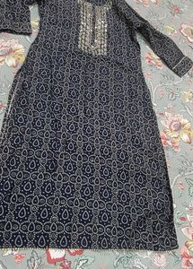 Elegant Navy Blue Kurta with Embellished Neckline