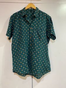 Vintage Teal Geometric Print Short Sleeve Shirt