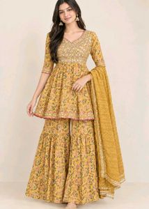 Yellow Floral Kurta Set with Sharara and Dupatta