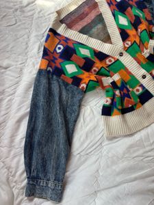 Unique Geometric &amp; Denim Cardigan