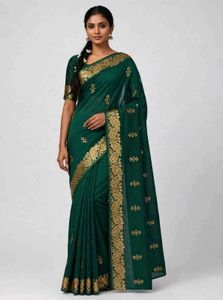 Elegant Emerald Green Saree with Gold Embellishmen