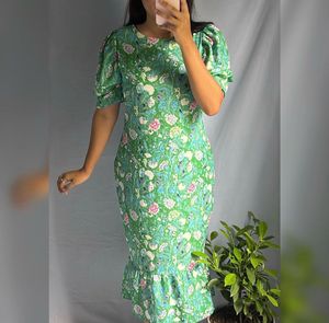 Green Floral Puff Sleeve Midi Dress