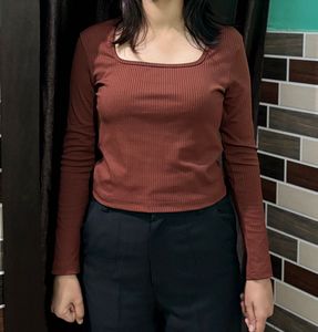 Coffee Brown Square Neck Long Sleeve Top