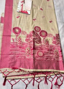 Elegant Cream &amp; Pink Tussar Saree