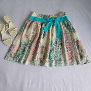 Boho Paisley Print Midi Skirt with Teal Ribbon🪻