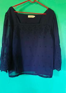 Dark Blue Embroidered Bell Sleeve Blouse