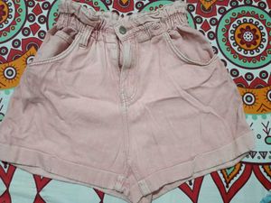 Women's Pink Paperbag Waist Denim Shorts