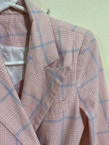 Pink Plaid Double-Breasted Blazer