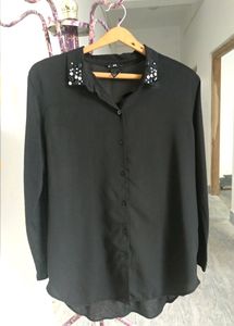 H&amp;M Black Beaded Stone Collared Shirt