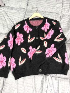 Black Floral Knit Cardigan