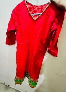 Vibrant Red Kurta with Golden Trim