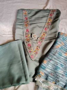 Green Embroidered Dress Material Set