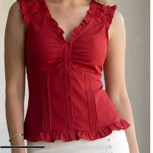 Chic Red Ruffled Button-Up Top