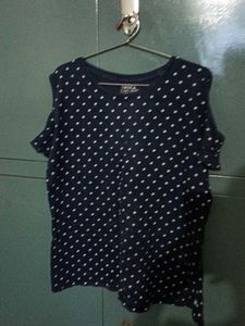 Navy Polka Dot Cold Shoulder Top