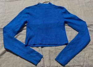 Blue Cut-Out Mock Neck Long Sleeve Crop Top