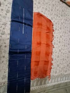 Unstitched Elegant Blue Kurta Set with Orange Dupa