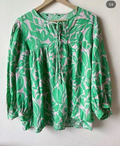 Vibrant Leaf Print Tie-Neck Top
