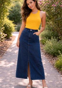 Denim Maxi Skirt with Slit