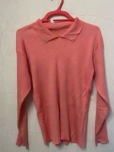 Ribbed Collared Long Sleeve Top