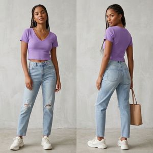 Purple V-Neck Ribbed Crop Top