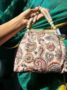Embroidered Clutch with Pearl Handles