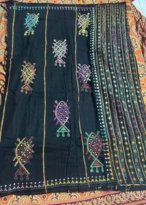 Embroidered Kantha Stitch Black Saree