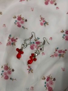 White Crystal Red Beaded Drop Earrings