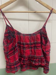 Red Plaid Cami Top with Ruffle Hem