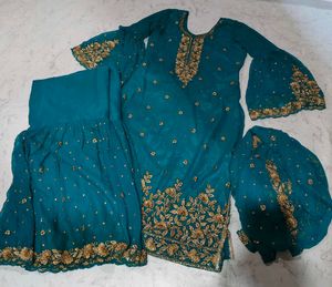 Teal Embroidered Kurta Set with Sharara
