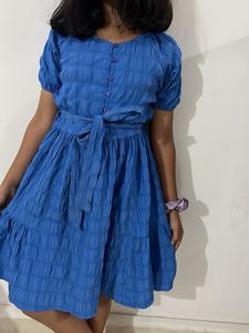 Blue Textured Tiered Dress