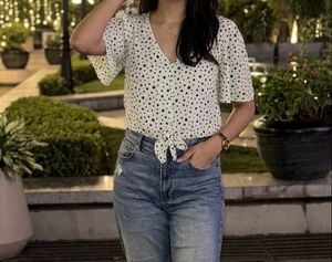 Polka Dot Tie-Front Blouse – Short Flutter Sleeve