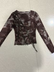 Lulu and sky Mesh Ruffle Trim Long Sleeve Top