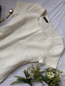 Cream Linen Blend Short Sleeve Dress