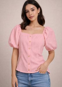 Pink Puff Sleeve Button-Down Top