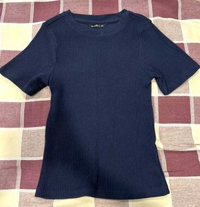Navy Ribbed Knit Top