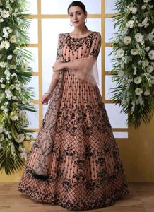 Peach &amp; Black Embroidered Anarkali Gown with dupat