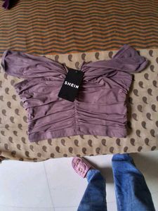 branded Ruched Off-Shoulder Crop Top