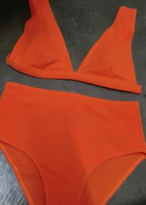 Orange V-Neck High-Waisted Bikini