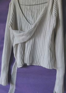 Cream Ribbed Knit Wrap Top