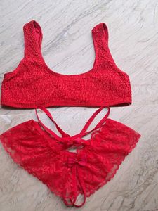 Red Smocked Bikini Set with Lace Detail