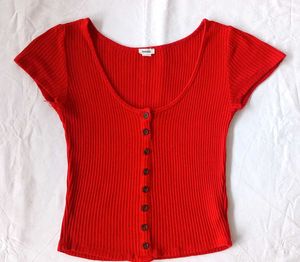 Red Ribbed Button-Front Top