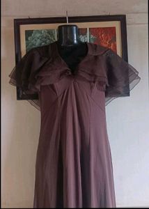 Elegant Brown Maxi Dress with Ruffle Sleeves